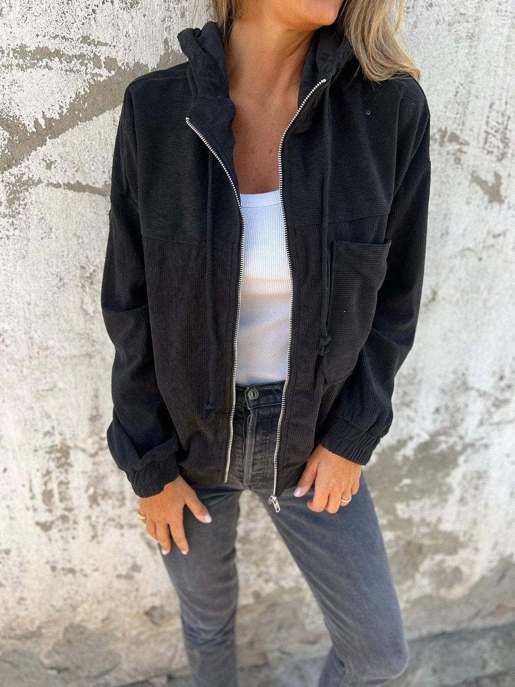 Veste Zippée à Capuche en Velours Côtelé