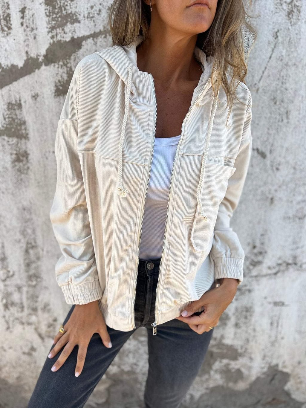 Veste Zippée à Capuche en Velours Côtelé